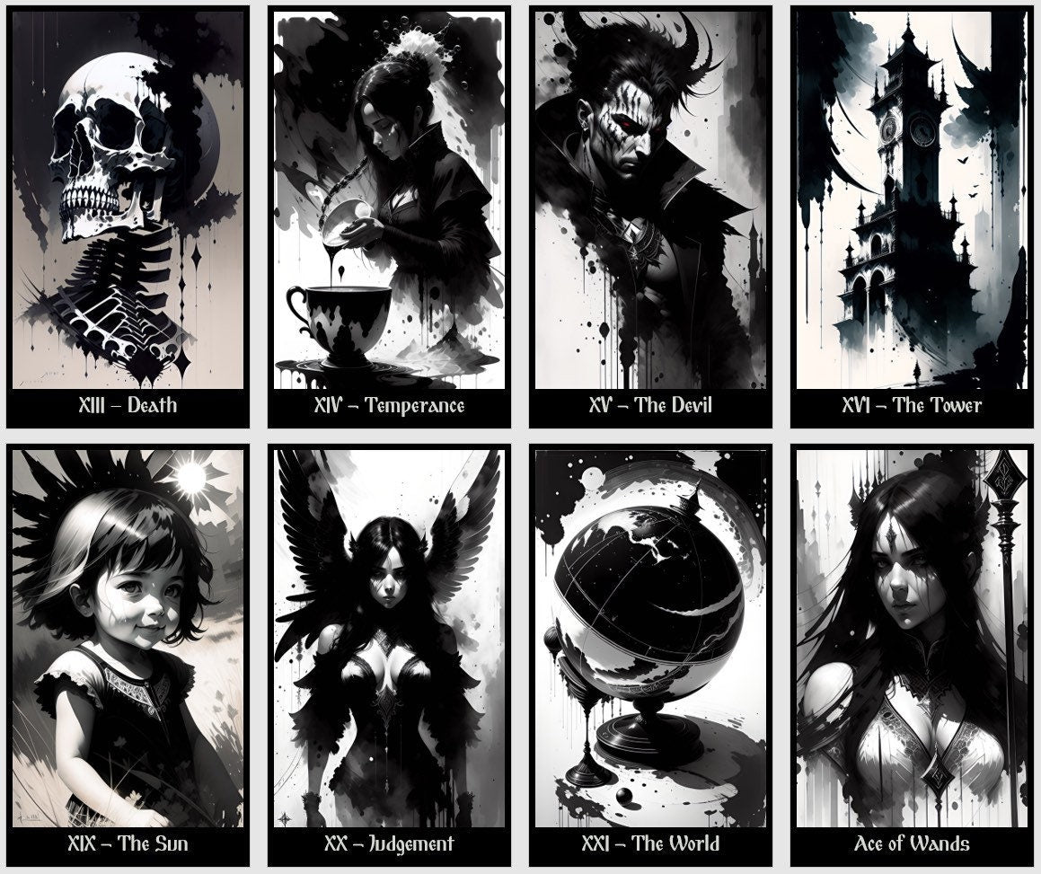 Jeu de Tarot du Royaume Sombre. Cartes de tarot noires et blanches