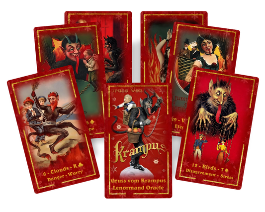 Grus vom Krampus Lenormand Oracle deck. Scary Christmas cards