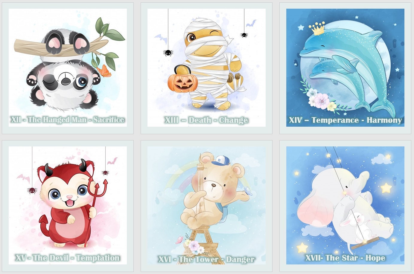 Cute Animal Tarot deck. Cartoon tarot