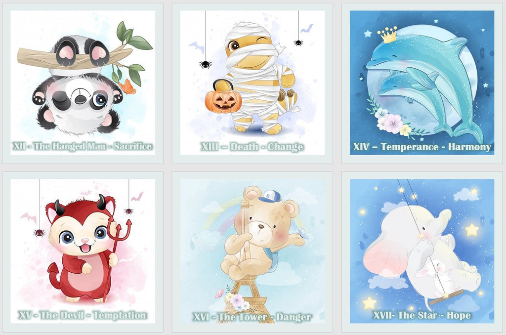Cute Animal Tarot cards deck. Watercolor tarot. Children friendly tarot with keywords.