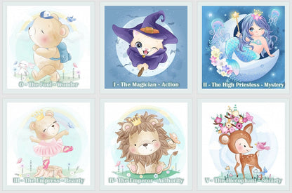 Cute Animal Tarot cards deck. Watercolor tarot. Children friendly tarot with keywords.