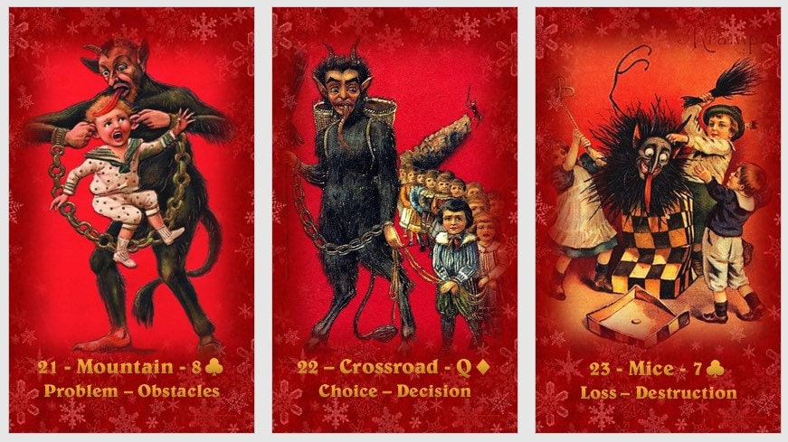 Grus vom Krampus Lenormand Oracle deck. Scary Christmas cards