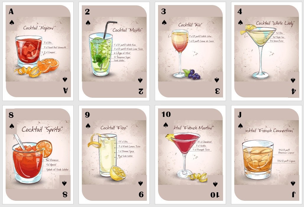 Jeu de cartes de recettes de cocktails : Poker et Bridge