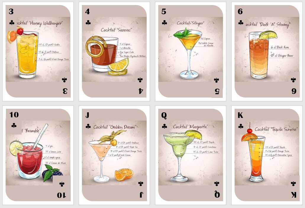 Jeu de cartes de recettes de cocktails : Poker et Bridge