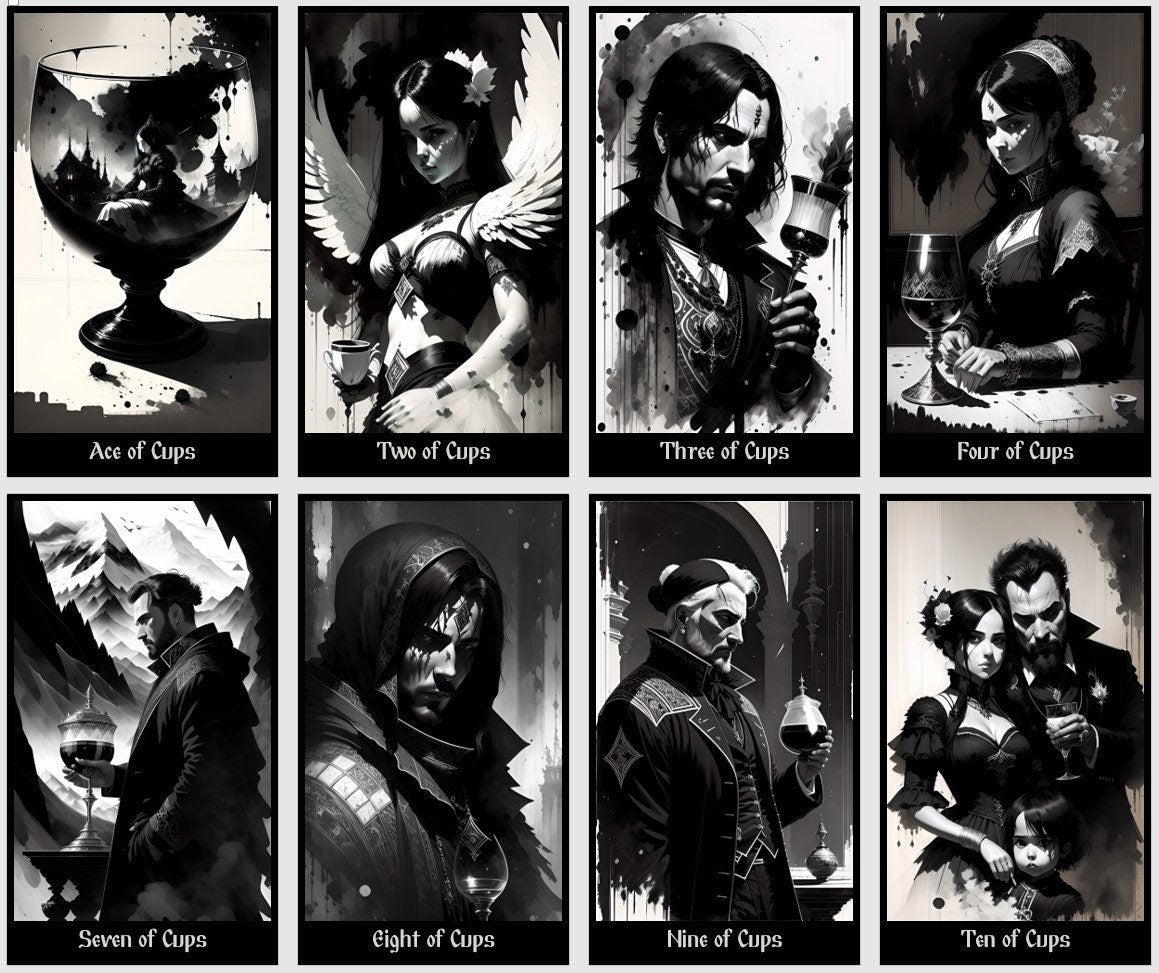 Jeu de Tarot du Royaume Sombre. Cartes de tarot noires et blanches