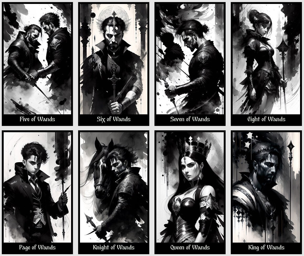 Jeu de Tarot du Royaume Sombre. Cartes de tarot noires et blanches