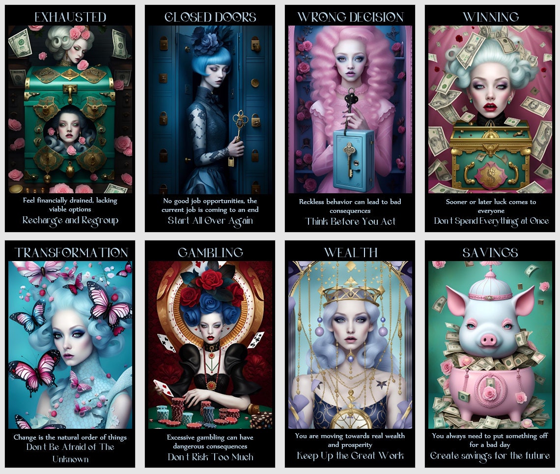 Jeu de cartes oracle Argent et carrière. Art surréaliste