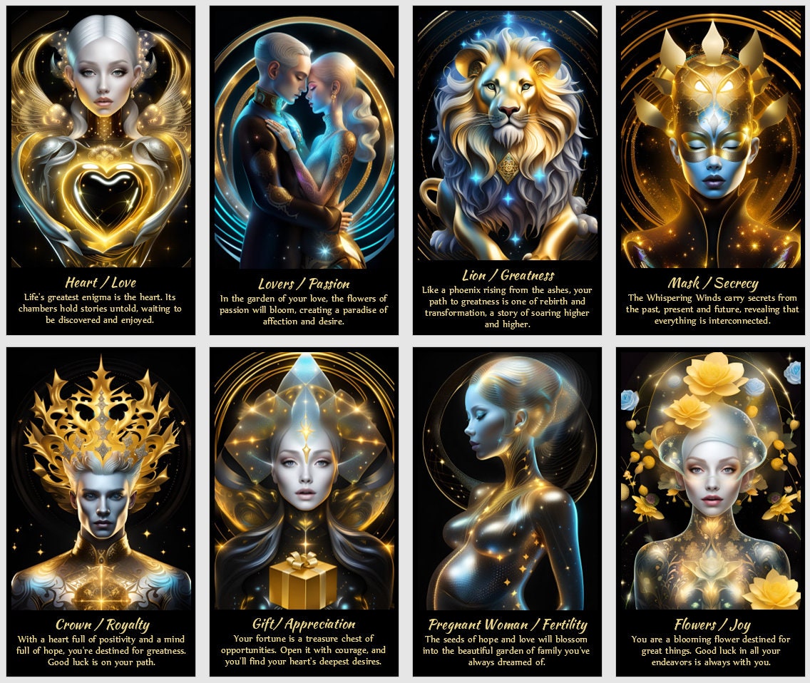 Wealth and Success Golden Oracle cards deck. Surreal fantasy art
