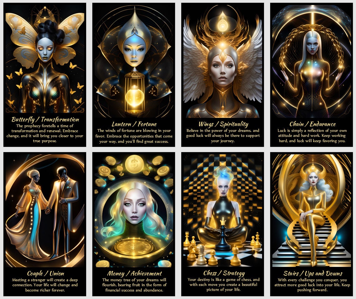 Wealth and Success Golden Oracle cards deck. Surreal fantasy art
