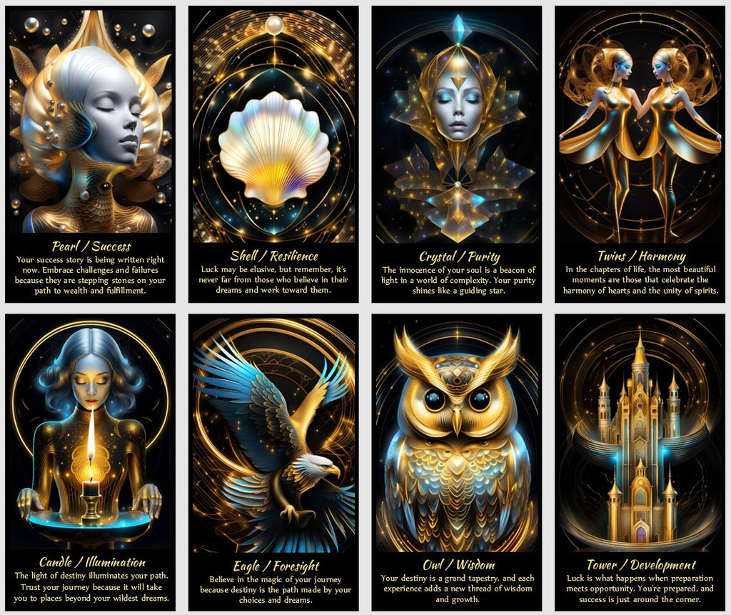 Wealth and Success Golden Oracle cards deck. Surreal fantasy art