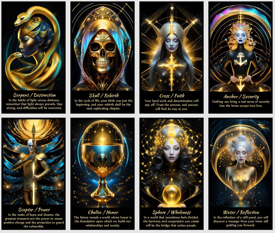 Wealth and Success Golden Oracle cards deck. Surreal fantasy art