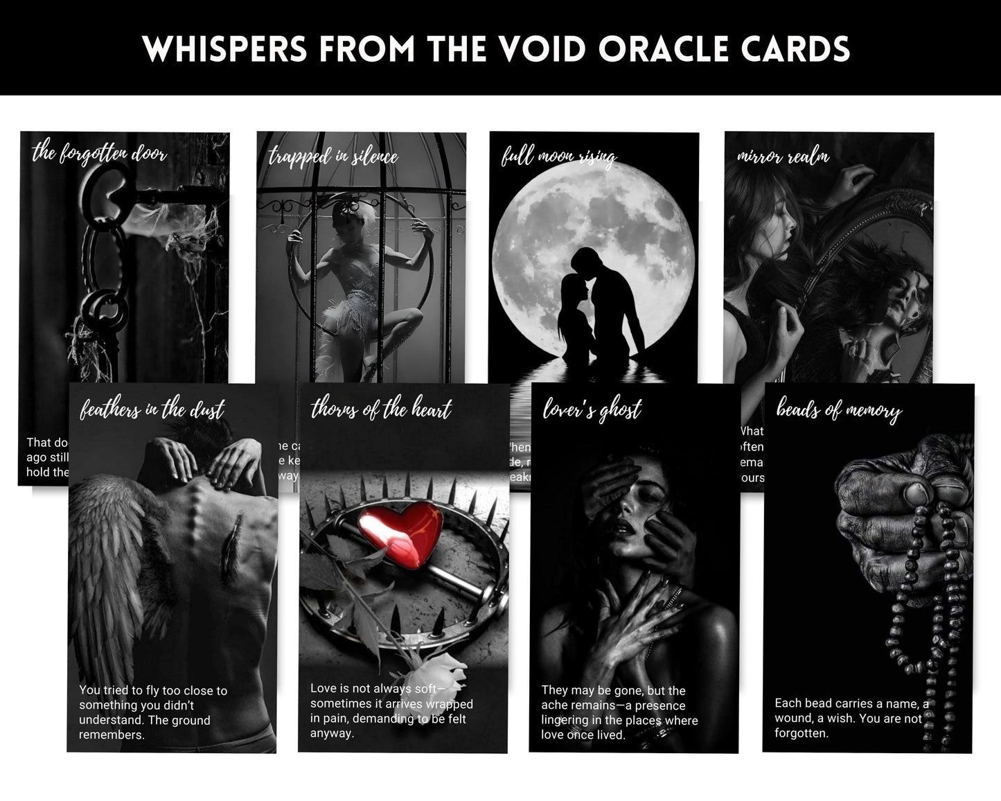 Jeu d'oracles Chuchotis du Vide. Cartes oracles noires et blanches