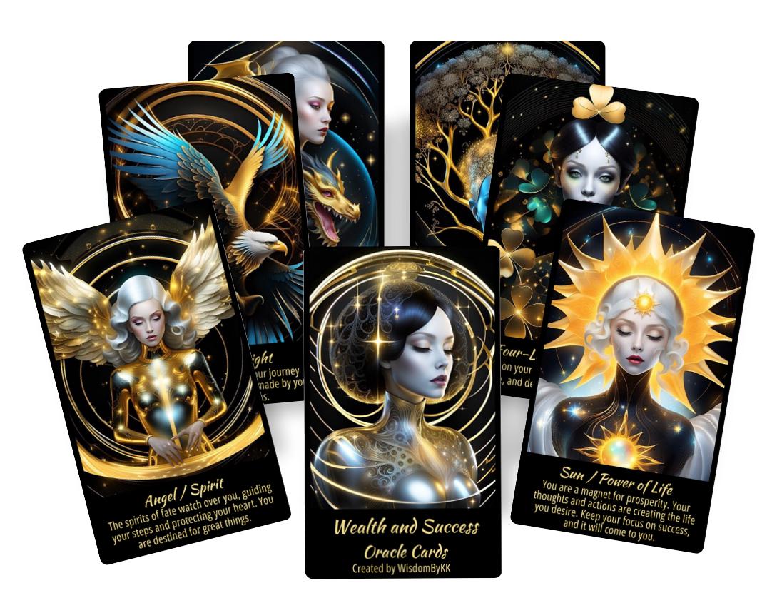 Wealth and Success Golden Oracle cards deck. Surreal fantasy art