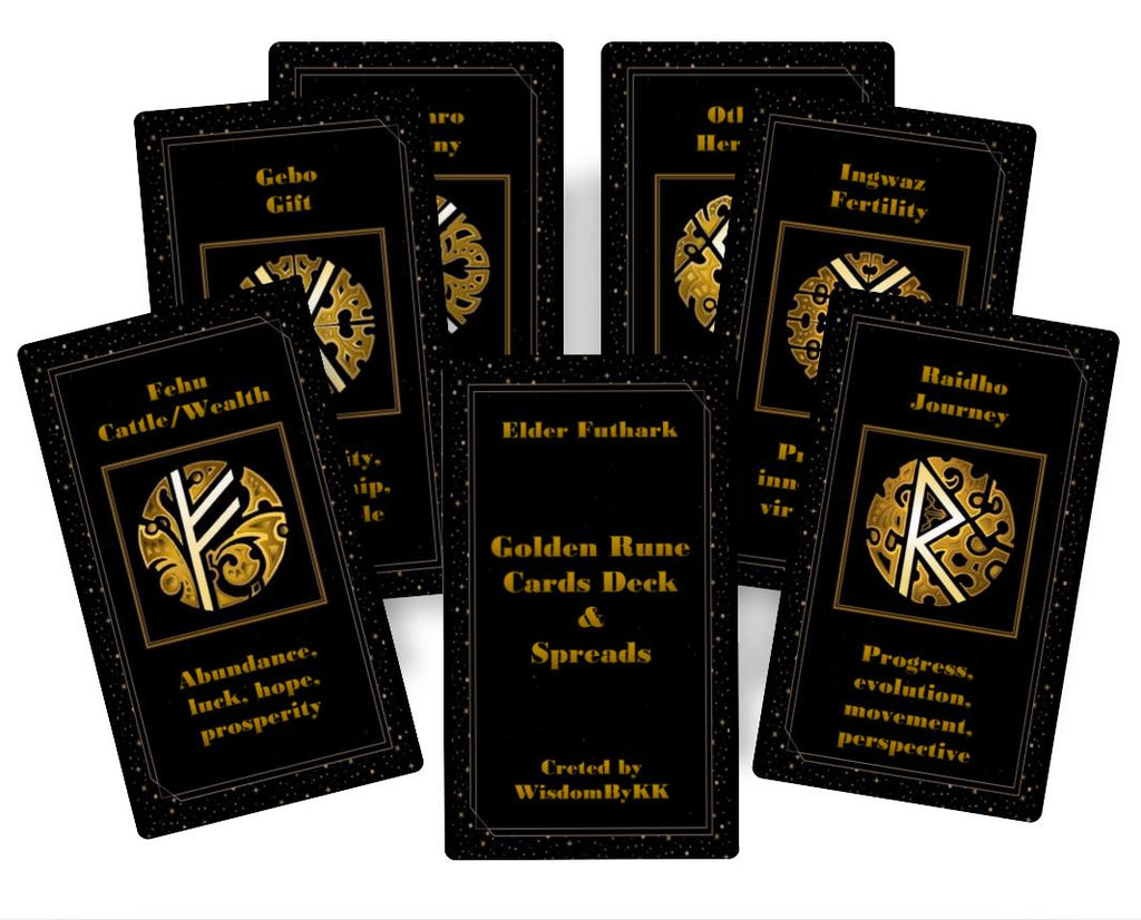 Golden Runes cards deck and spreads. Elder Futhark