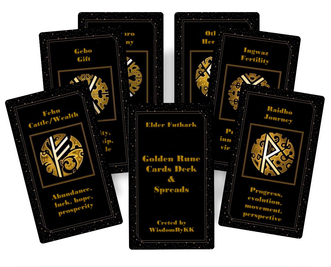 Golden Runes cards deck and spreads. Elder Futhark