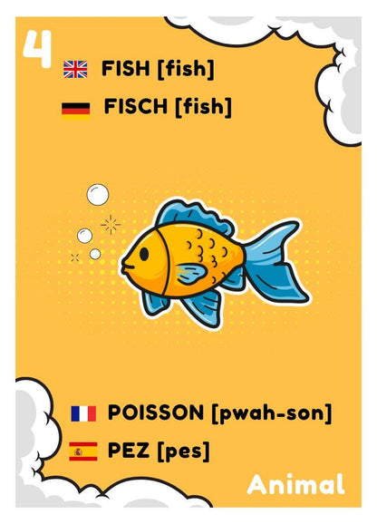 Language Learning Card Game: English, German, French, Spanish