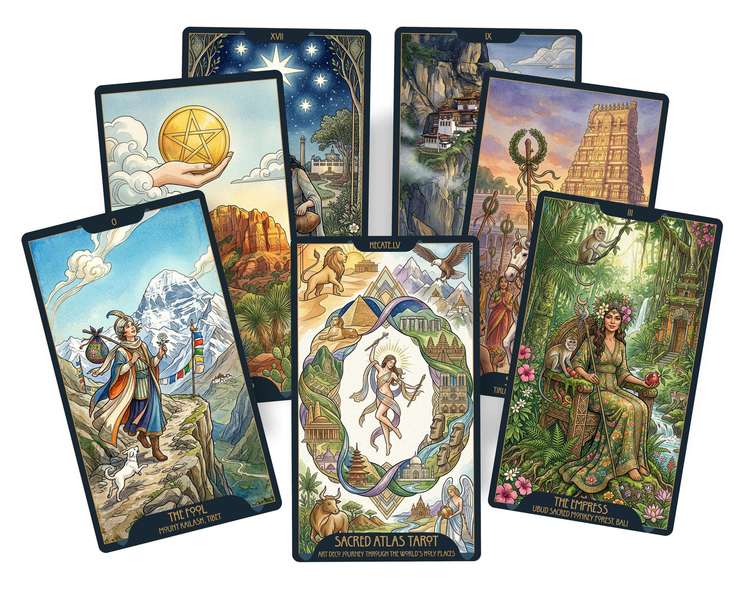 Sacred Atlas Tarot – Jeu de tarot Art déco de 78 cartes avec guide par QR code
